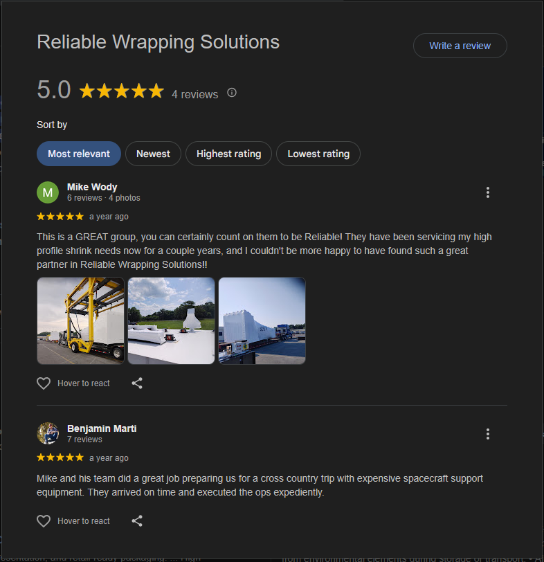 Reliable Wrapping Solutions Google reviews screenshot showing a 5-star rating