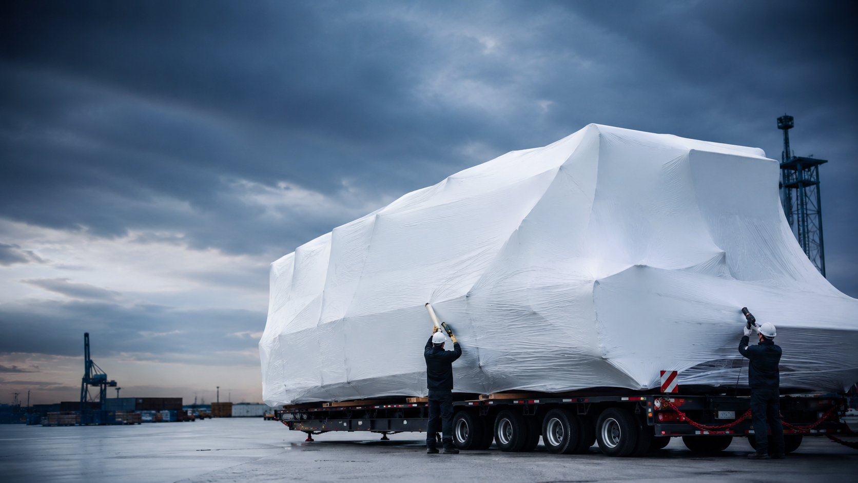 Oversized industrial cargo shrink wrapped for transport and weather protection.