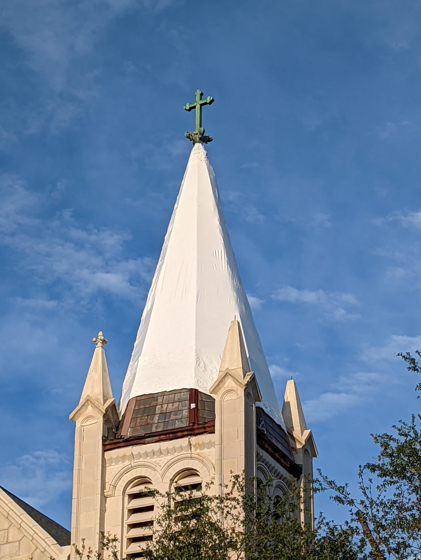 Shrink wrapped church steeple